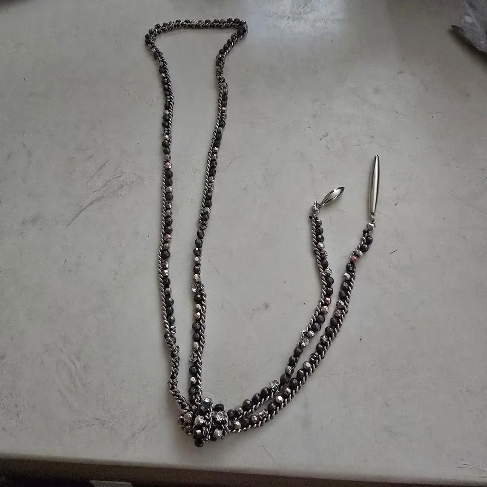 Mixed Metal Beaded Lariat Necklace Spike Pendants Hematite Tone Chain Long 36in